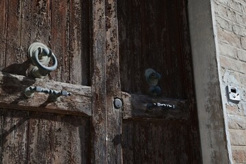 Closeup view of vintage wooden door outdoors