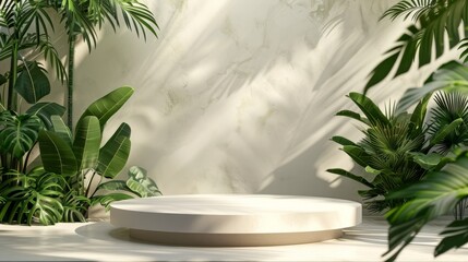 Minimalist podium with leafy backdrop, no text or product display, softly illuminated by daylight, minimal design, 3D rendering, surrounded by leaves, presentation mockup