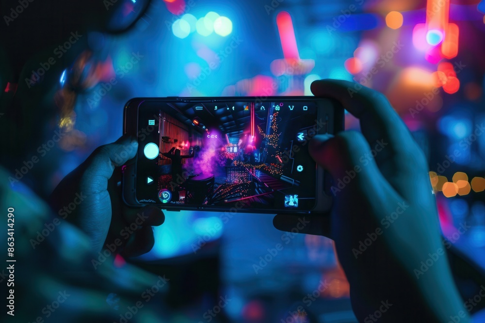 Poster a close-up shot of a person holding a smartphone in a vibrant nightclub setting, capturing the energ