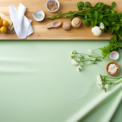 top view of white blank paper on wooden table with kitchen utensils
