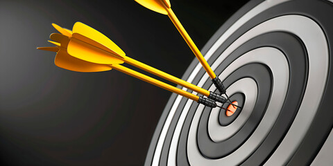 Three yellow darts, in the center of a target shooting target. Concept of making several attempts to achieve goals