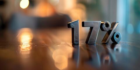 17% in metal letters on wooden desk blurred background