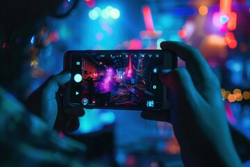 A close-up shot of a person holding a smartphone in a vibrant nightclub setting, capturing the energy of the event on their screen. Generative AI