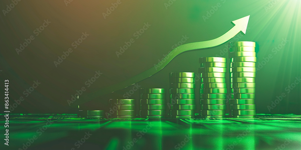 Aufkleber a stack of coins is shown with a green background and an upward arrow. the coins are arranged in a p