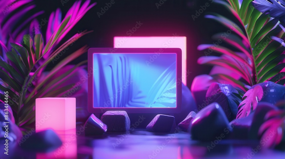 Aufkleber A digital rendering of a futuristic scene featuring a device screen displaying a video stream, surrounded by palm leaves, rocks, and glowing neon lights. Generative AI