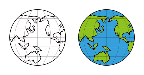 黒い線の世界地図と緑と青の世界地図のセット。太平洋を中心とした緯線と経線の入った地球儀。 © SAKUTA
