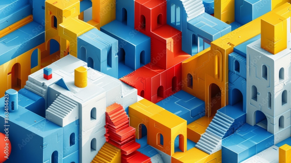 Poster a colorful 3d model of a city with buildings and stairs, ai