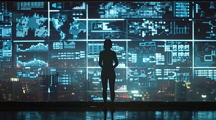 Silhouette of a person standing before a giant digital screen displaying cyber threats and vulnerabilities data flow. Concept of cybersecurity, digital protection, and information security.