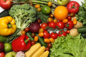 Source of protein for vegetarians. Different fresh vegetables, fruits and herbs as background, top view