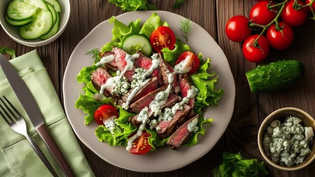 Delicious Plate of Salad with Grilled Steak, Tomatoes, Cucumber and Blue Cheese Dressing on a Wooden Table Shot from Above.