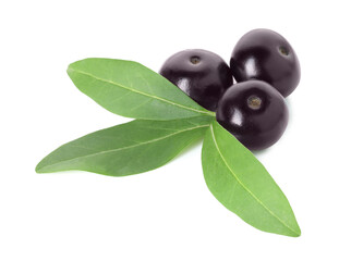 Fresh ripe acai berries and green leaves isolated on white