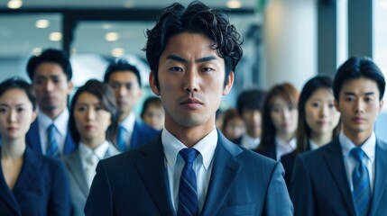 Fototapeta premium A group of people are standing together, with one man wearing a suit and tie. The man in the suit is the center of attention, looking directly at the camera. The group appears to be professional