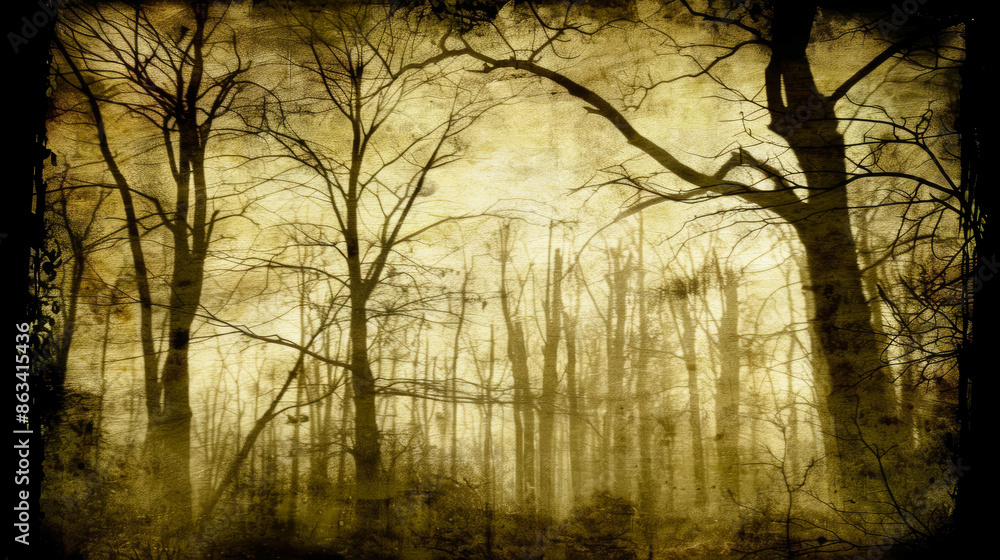 Poster a forest with trees in the background and a blurry foreground, backdrop overlay