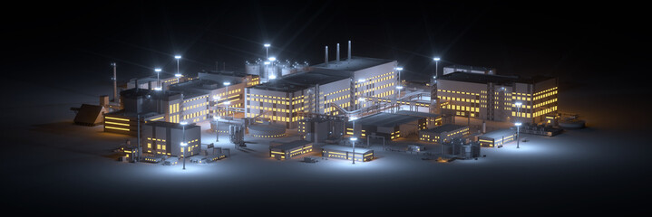 Urban panorama of industrial factory buildings with pipes at night. Workshops and warehouses with tanks on a black background. Top view of the city with small glowing buildings. 3d render