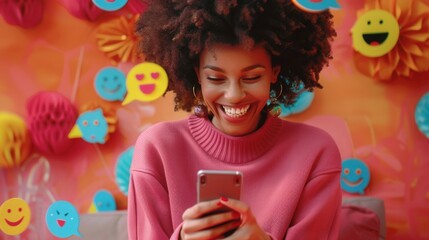 A cheerful Black woman uses her smartphone while sitting in a colorful room, surrounded by digital representations of social media interactions. Generative AI
