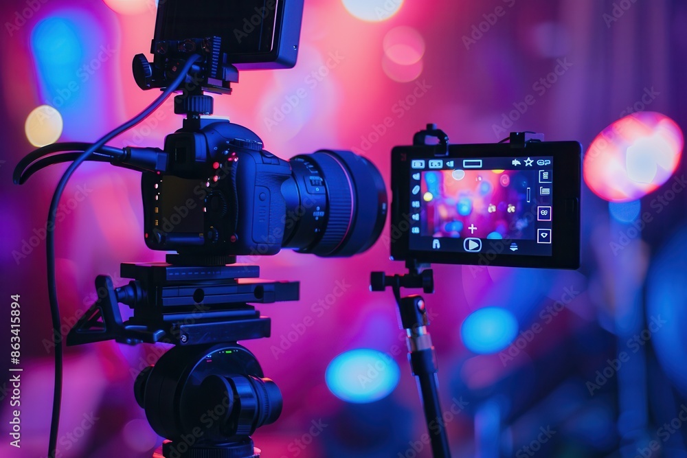 Poster A professional camera with a lens, mounted on a tripod, is recording a live stream. The screen displays a video of a vibrant background. Generative AI