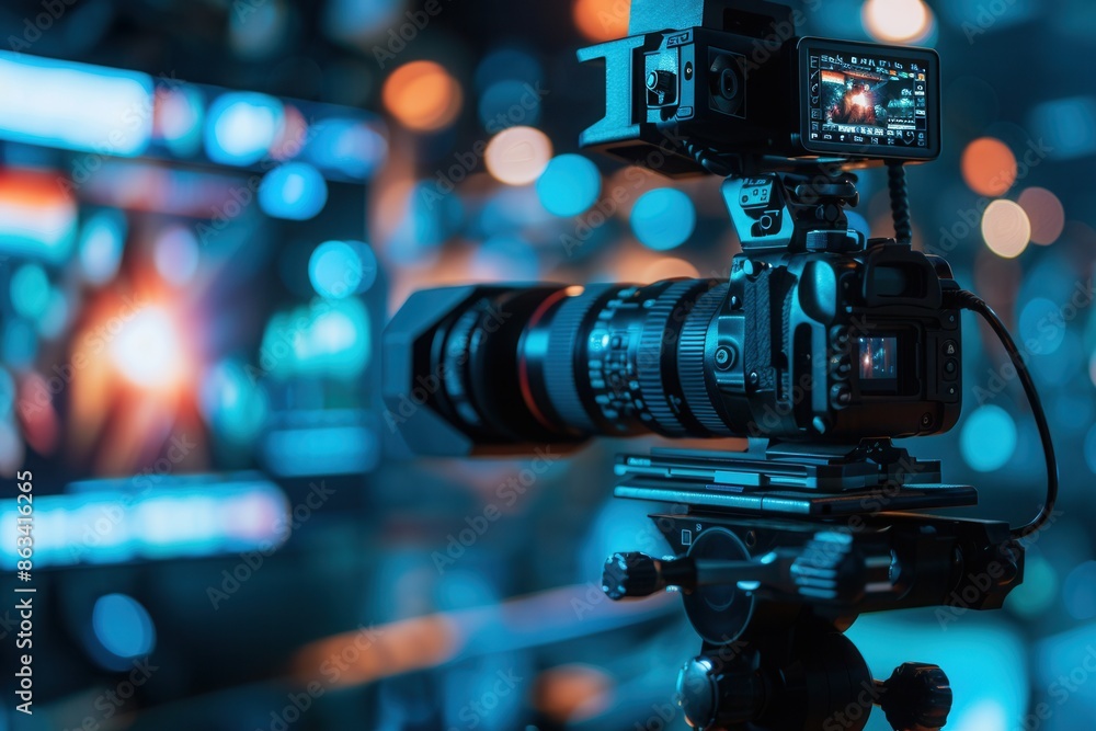 Poster a professional camera set up for recording video content, positioned in front of a vibrant backgroun