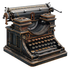 Vintage antique typewriter with brass accents and keys, isolated on black background.