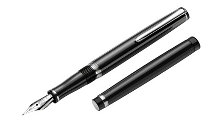 A sleek, silver fountain pen with a black cap, lying on a black background. The pen is in a classic design, perfect for writing.
