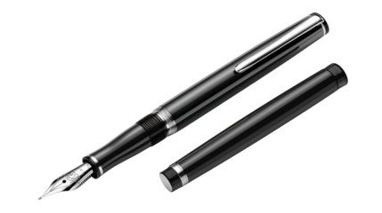 A sleek, silver fountain pen with a black cap, lying on a black background. The pen is in a classic design, perfect for writing.