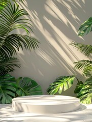 Fototapeta premium Simple podium setup with leafy background, no text or product display, illuminated by natural daylight, minimal design, 3D rendering, surrounded by leaves, presentation mockup