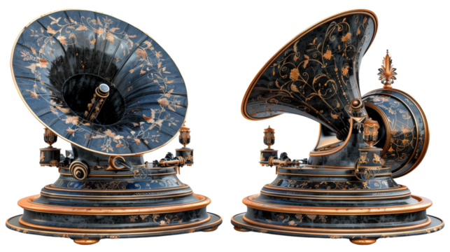 A vintage gramophone with ornate gold details and a blue finish. The horn is large and curved, adding to the classic aesthetic.