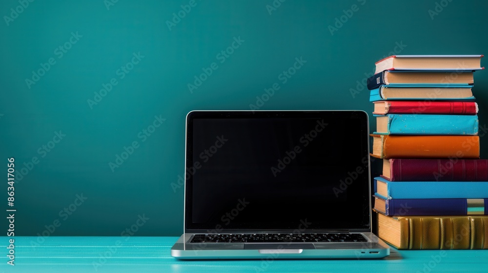 Leinwandbilder a laptop and a stack of textbooks rest on a teal desk, symbolizing the modern approach to education.