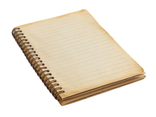 A blank, lined notebook with a spiral binding, aged and worn, sits on a white background.