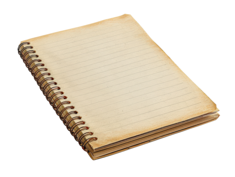 A blank, lined notebook with a spiral binding, aged and worn, sits on a white background.