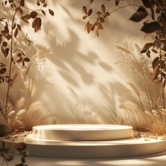Elegant podium with leaves in the background, softly illuminated by daylight, no text or product display, minimalistic design, 3D rendering, surrounded by leaves, mockup for presentation