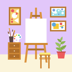 Art studio design with easel and colorful paintings