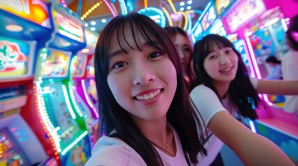 Fototapeta premium A group of women are smiling and posing for a picture in a brightly lit room with neon lights
