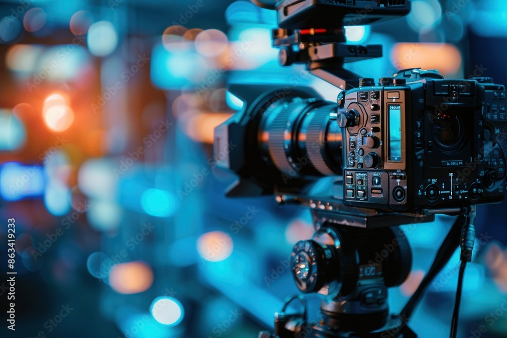 Poster a professional video camera with a long lens is positioned on a tripod, capturing footage of a live 