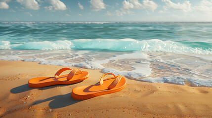 Obraz premium Flip flop sandals on beach with water waves holiday summer photograph