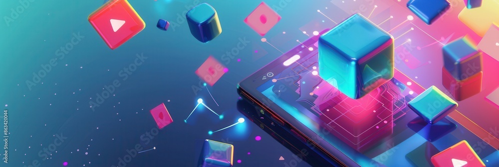 Poster A dynamic and colorful image showcasing a device screen with video streaming, surrounded by floating cubes, symbolizing the vibrant energy of online content creation. Generative AI