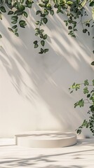 Minimal podium setup with leaves in the background, no text or product display, softly lit by daylight, minimalistic design, 3D rendering, surrounded by leaves, presentation mockup