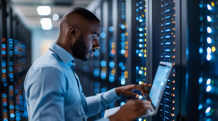 A man is working on a laptop in a room full of servers, IT employee