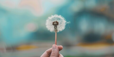 Fototapeta premium hand holding a single dandelion, with a soft, blurred background