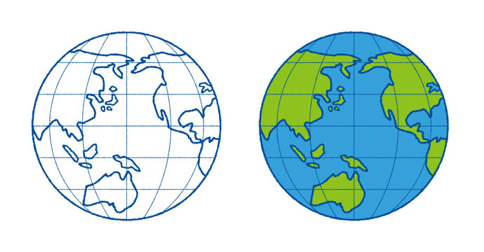 青い線の世界地図と緑と青の世界地図のセット。太平洋を中心とした緯線と経線の入った手書き風の地球儀。