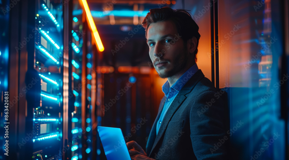 Poster a man in a suit is standing in front of a computer server room, it employee