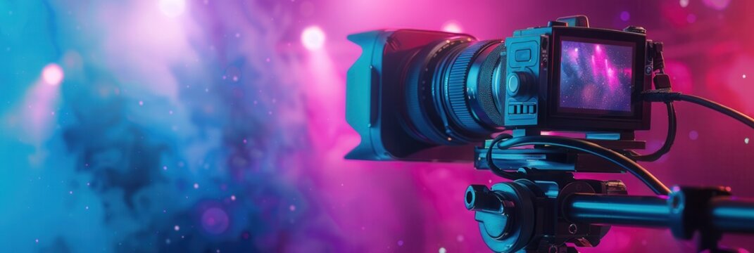 Close-up image of a professional video camera recording a live performance with colorful stage lighting in the background. Generative AI