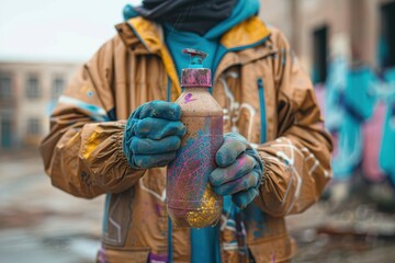 Obraz premium Individual wearing a paint-splattered jacket and gloves, gripping a paint-covered spray can in an urban setting adorned with eclectic graffiti art on the background walls.