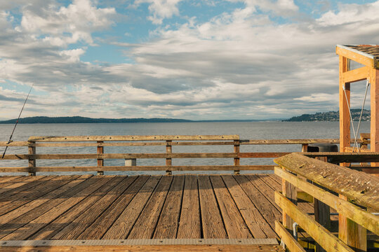 Fototapeta wooden fishing pier dock on sunny day in Tacoma, Washington