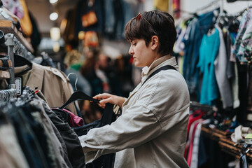 Young person shopping in a thrift store, carefully browsing through clothing racks in a vibrant and bustling environment.