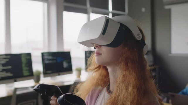 Medium close-up of young Caucasian red-haired girl in AR headset, holding controllers, experiencing virtual reality for first time, looking around and down with awe and surprise