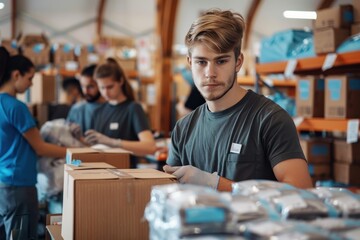 Fototapeta premium Young volunteers working together to organize supplies at a community center, emphasizing teamwork, dedication, and the passion to assist others in need.