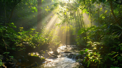 Obraz premium Enchanted Forest with Sunlight Filtering Through Trees 