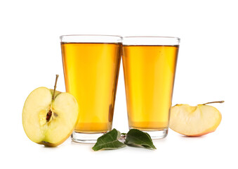 Glasses of fresh apple juice on white background
