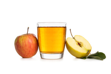 Glass of fresh apple juice on white background