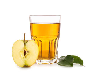 Glass of fresh apple juice on white background